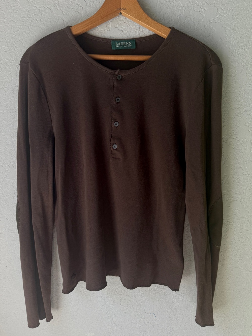 Lauren Ralph Lauren Brown Henley Long Sleeve Top Elbow Patches M